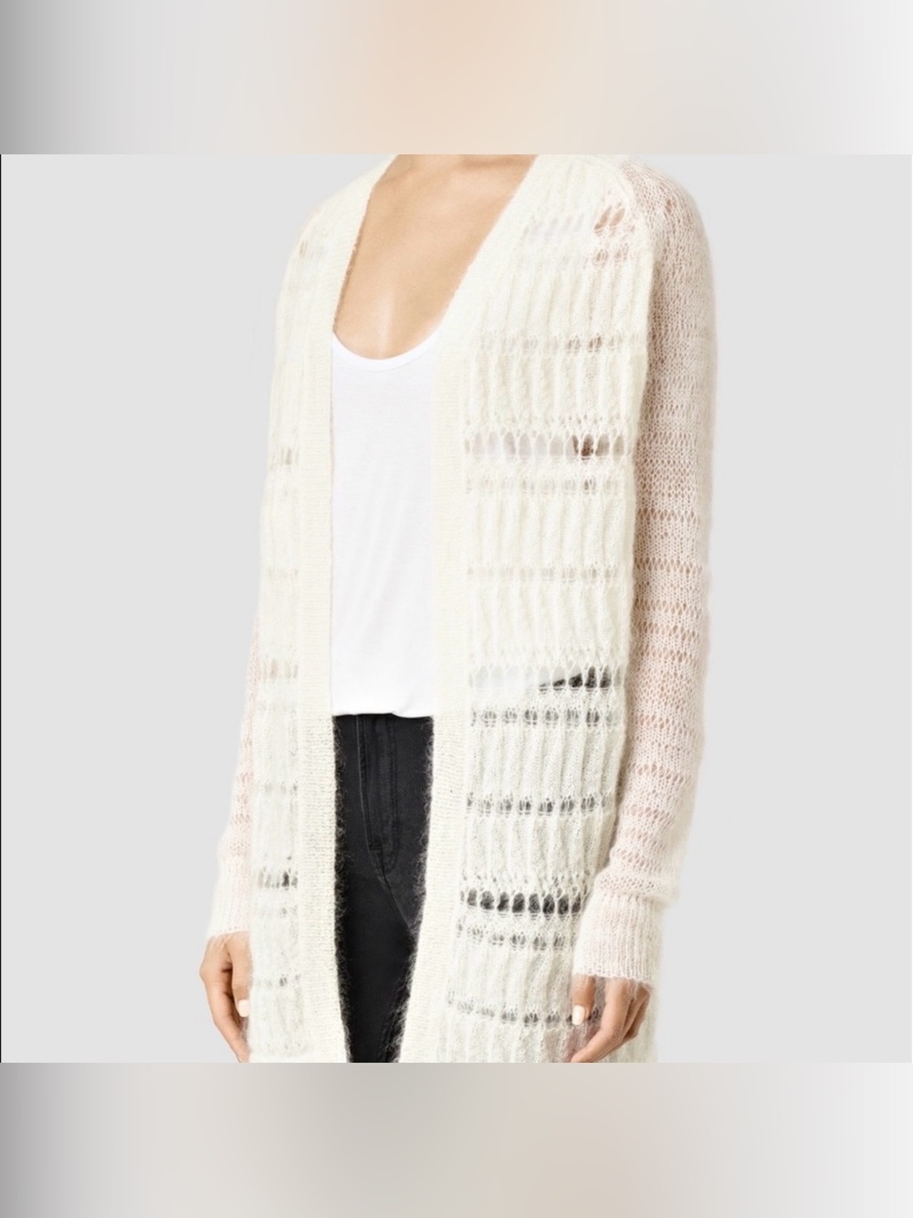 AllSaints Cole Cardigan Medium Cream Mohair Blend Open Front Longline Sweater
